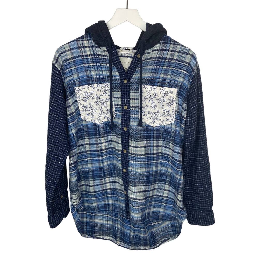 American Eagle Floral Plaid Hooded Button Up Shirt - Women's Size S